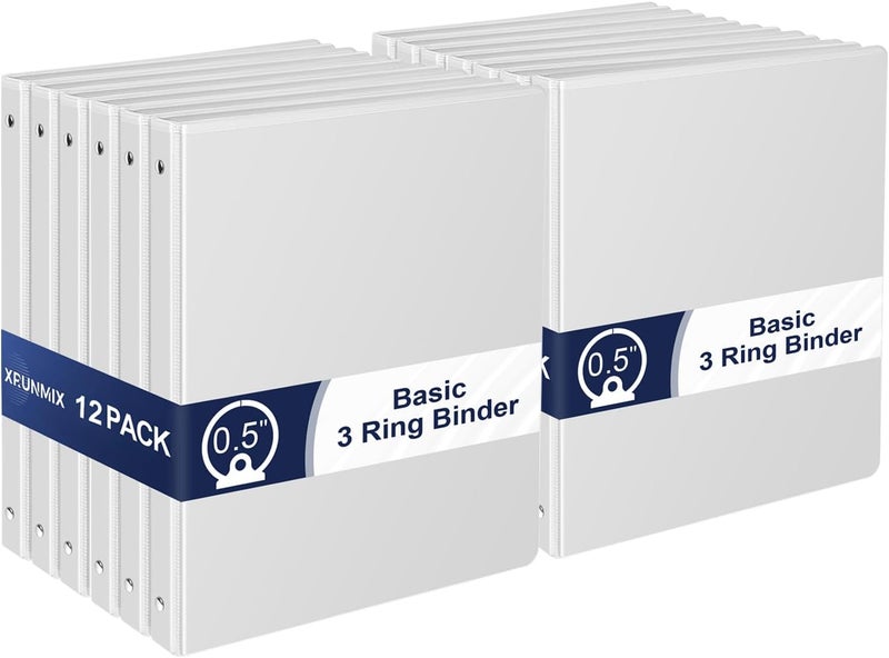 XRUNMIX 1/2 Inch 3-Ring-Binder with Pockets, 0.5''-inch Round Binders Holds 100 Sheets US Letter Size 8.5'' x 11'' - Bundle 12 Packs White Binders for Home, Office, and Back to School (0.5'' - 12 Packs) - Image 1